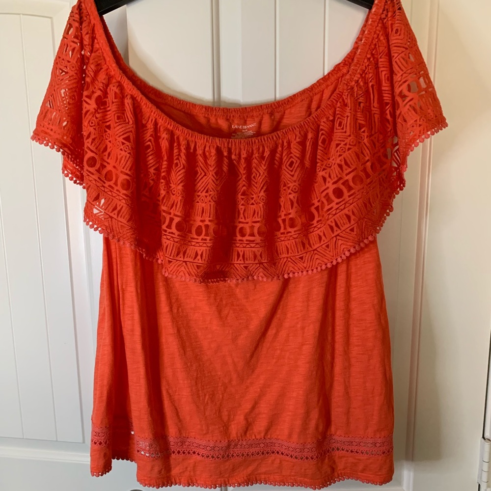 Orange cotton top, it can be worn on or off the shoulder.